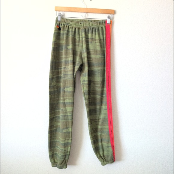 Aviator Nation Pants - Aviator Nation Camo Rainbow Stripe Jogger Sweatpants Green Women M FLAWS